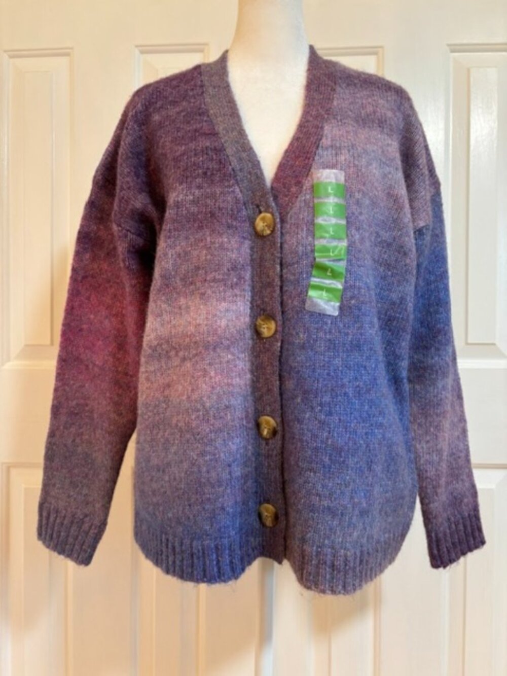 NWT John Paul Richard Purple/Blue Ombre V-Neck Button Front Cardigan Women's LG